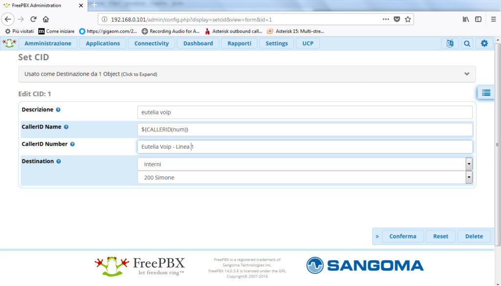 Freepbx modifica identificativo chiamante CallerID