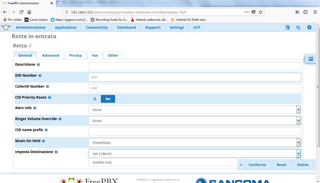 Freepbx modifica identificativo chiamante CallerID