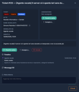 Agente vocale AOP che apre un ticket telefonico durante la chiamata